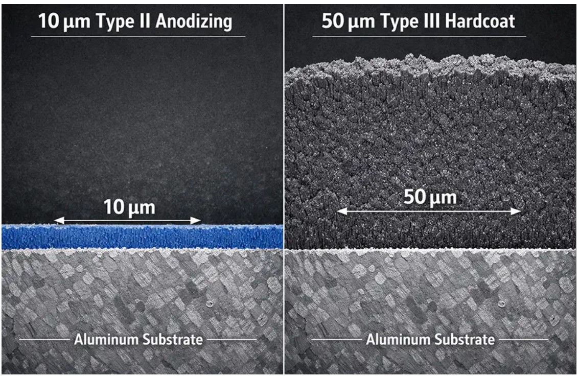 Comparison of Type I, Type II and Type III anodising oxide layer thickness on aluminium surface